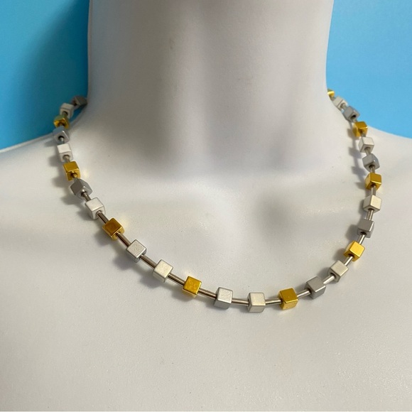 Mixed Metal Square Beads Necklace Gold & Silver Tone - Picture 1 of 6